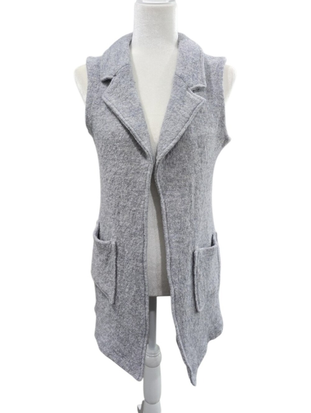 Tahari Wool Blend Light Gray Long Sleeveless Open Vest. Size Small